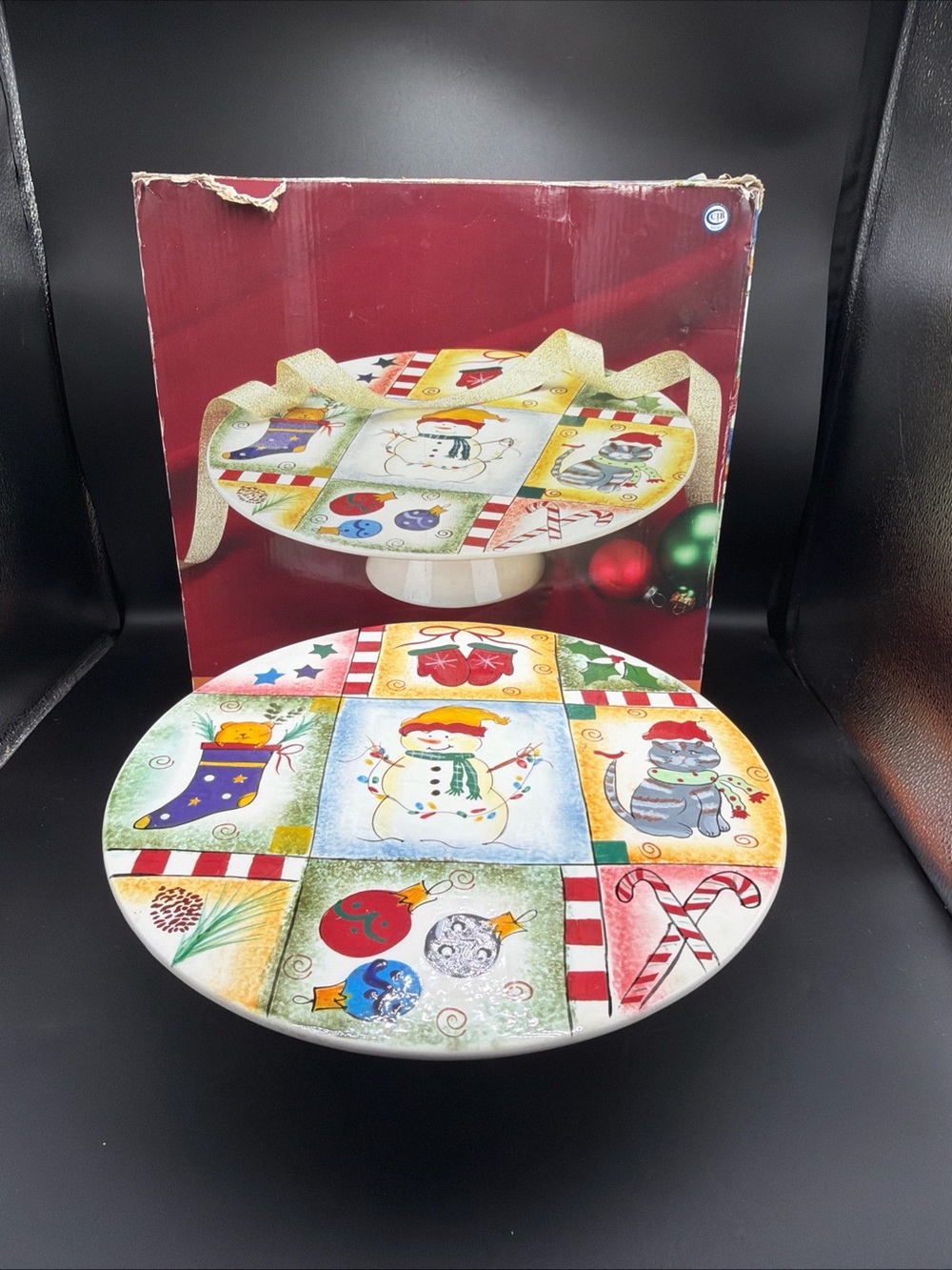 Vtg Pfaltzgraff 12in Cake Plate Pedestal Christmas Hand-Painted Holiday Magic